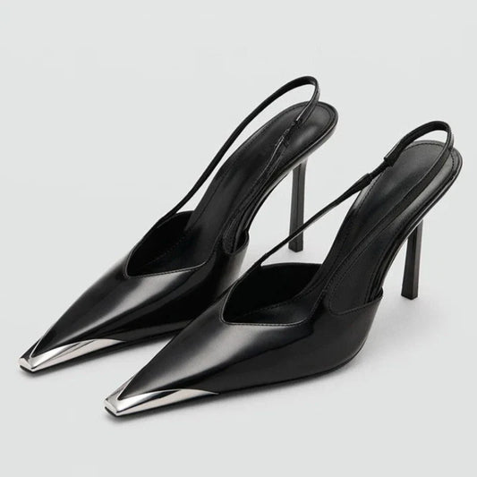 Novelty Metal Pointed Toe High Heels Women 2026 New Elegant Slingback Heeled Sandals Sexy Black Patent Leather Designer Shoes