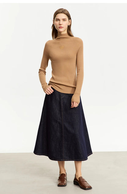 Minimalist Women Denim Skirt 2025 Autumn New French Retro Loose Basics Casual A-line Office Lady Cotton Midi Skirt 12343070