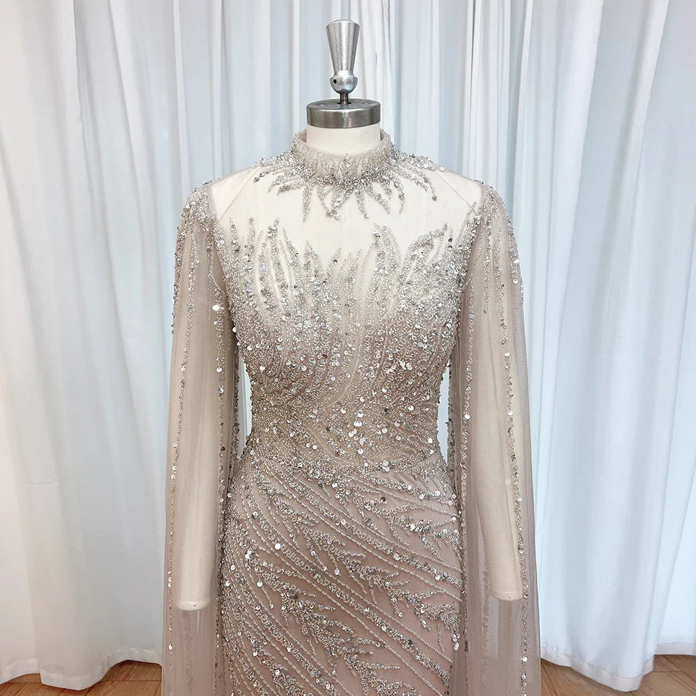 Luxury Beaded Evening Dress Cape Sleeve Dubai Sheer Neck Mermaid Formal Prom Wedding Party Gown Customized 2026