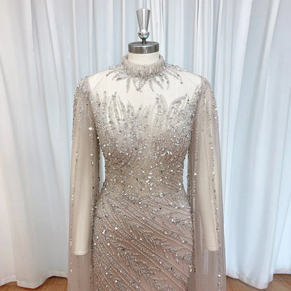 Luxury Beaded Evening Dress Cape Sleeve Dubai Sheer Neck Mermaid Formal Prom Wedding Party Gown Customized 2026