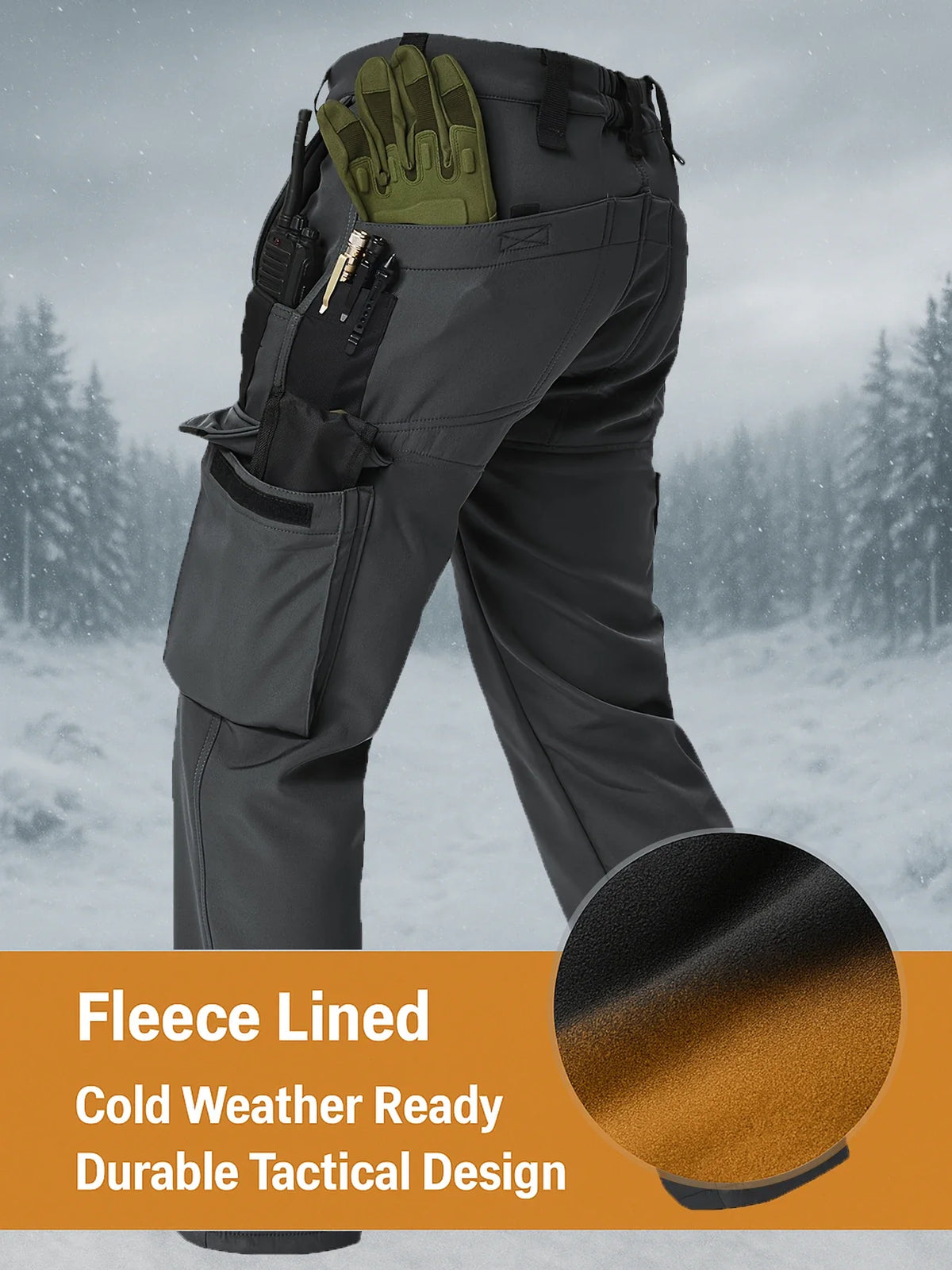 Men's Tactical Work Fleece Pant Multi-Pocket Waterproof SoftShell Trousers Winter Outdoor Wear-Resistant Thick Warm Camping Pant