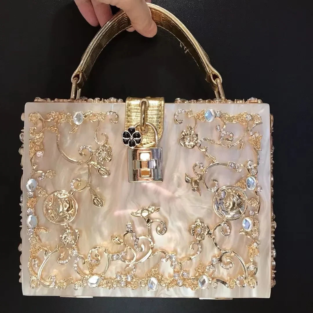 Luxury Designer Shimmer Acrylic Box Glitter Rhinestones Diamond Evening Bag Wedding Party Clutch Purse Shoulder Messenger Bag