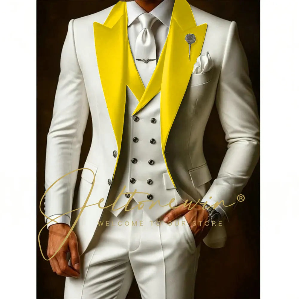White Suits Set For Men Wedding Party Fashion Blazer Vest Pants Formal Groomsmen Tailor-made Male High Quality Groom Tuxedos
