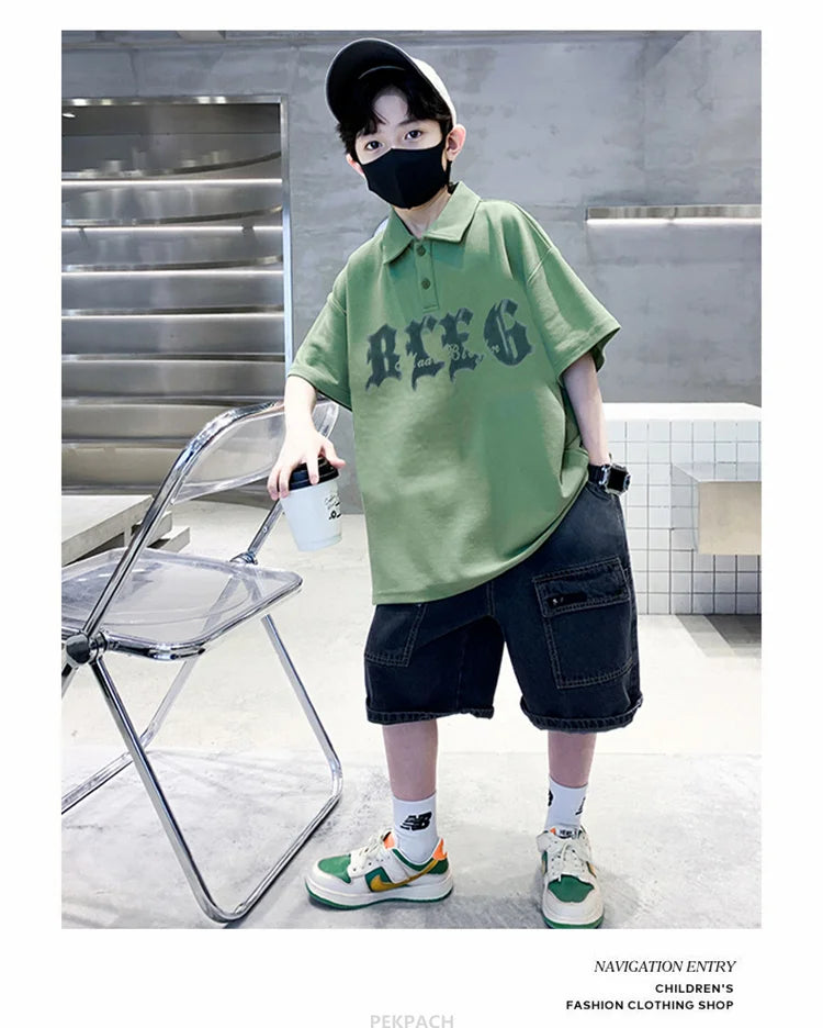 Korean Kids Boy Suit Summer Set Fashion Teenager Child Clothes Set Cotton Polo Shirt + Shorts 2pcs Outfits Tracksuit Costume