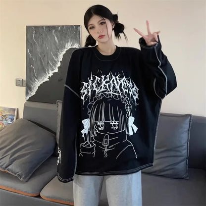 Harajuku Kawaii T-Shirt Women Sweet Japanese Gothic Subculture Loose Letter School Student Tees Long Sleeve Top Spring Outwear