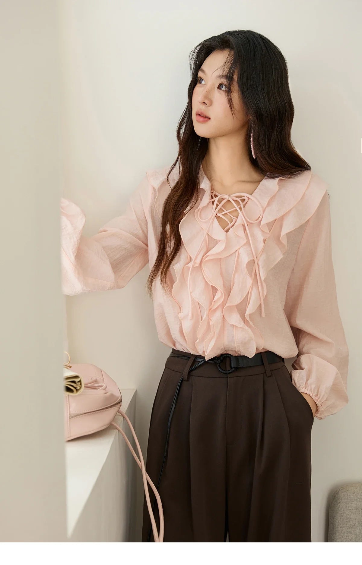 Pink Ruffled Blouse for Woman 2025 Autumn New Elegant Sweet V-neck Lace-up Design Shirt Lantern Sleeves Top MXE49X2504
