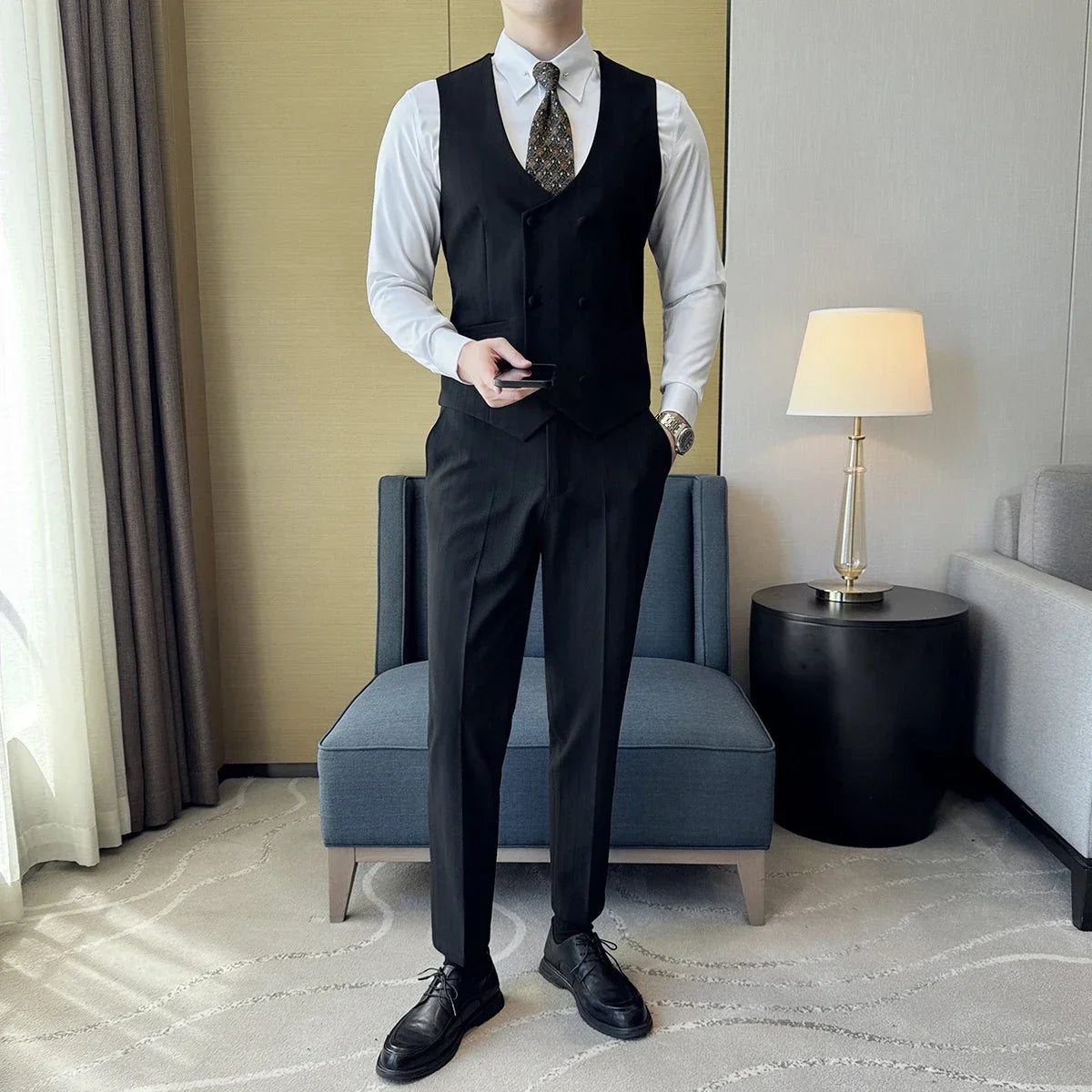 British Style Double-breasted Striped Vest With Pants Men Business Slim Fit Suit Vest 2 pieces Formal Groom Wedding Dress Vest