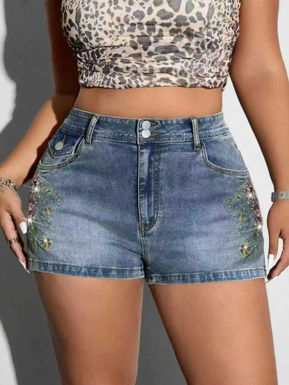 Casual Daily Plus Size Blue Embroidered Denim Shorts 2026 Summer Y2K American Streetwear Thin Korean Split Hem Womens Shorts