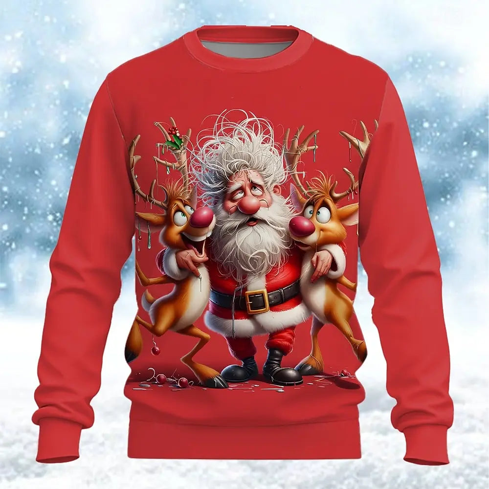 2025 Fun Santa Claus 3D Print Crewneck Sweatshirt Christmas Theme Relaxed Fit Long-Sleeve Sweatshirt Casual Party Wear