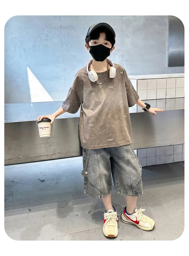 Luxury Children Fashion Summer Set for Boy Cotton Outfit Suit T-shirt Shorts Clothing Kids Street Top And Bottom 2 Pieces Suit