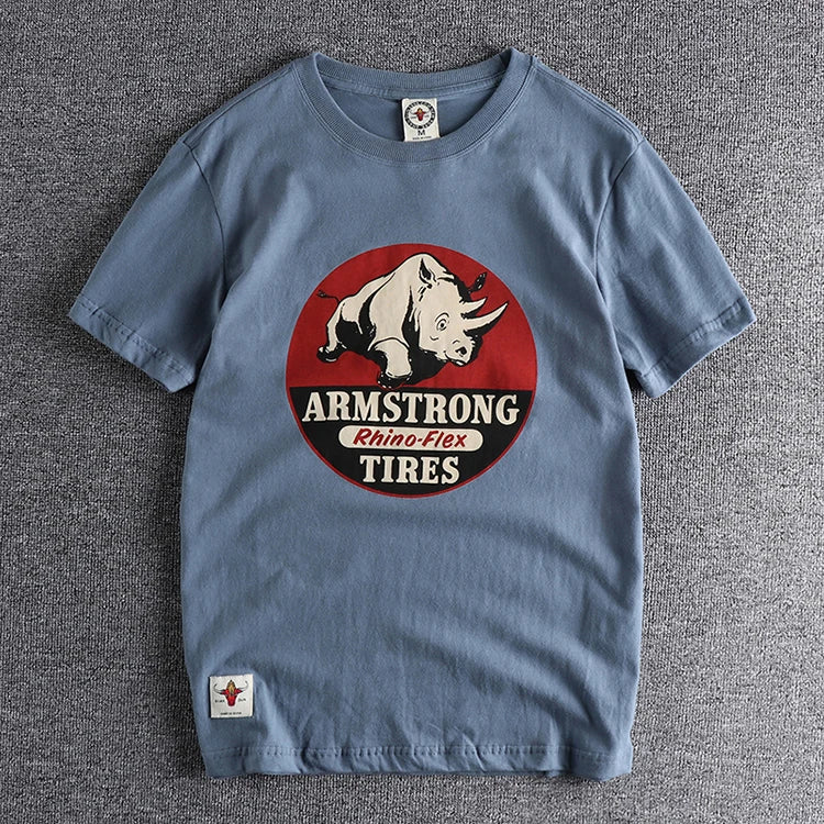 Summer New American Retro Short-sleeved O-neck Rhino Printed T-shirt Men's Fashion Simple 100% Cotton Washed Casual Sport Tops