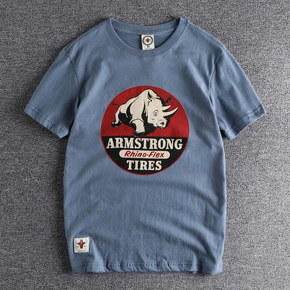 Summer New American Retro Short-sleeved O-neck Rhino Printed T-shirt Men's Fashion Simple 100% Cotton Washed Casual Sport Tops