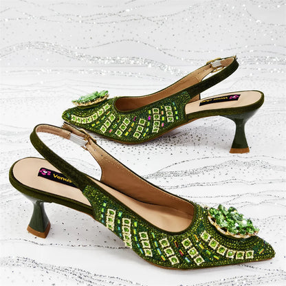 2025 Elegant Fruit Green Women's Green Heels and Rhinestone Handbag Set - Italian Design for Weddings and Parties