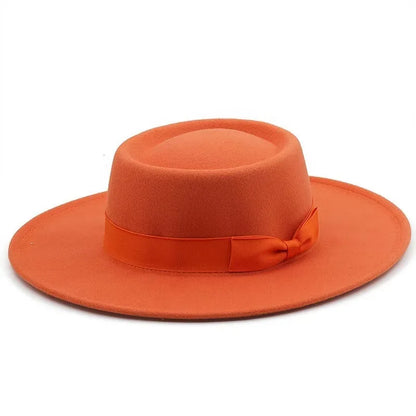 9.5cm Brim Round Top Hat Solid Color Fedoras Bow Flat Top Boater Style Panama Hats for Women Men Party Wedding Church Felt Caps