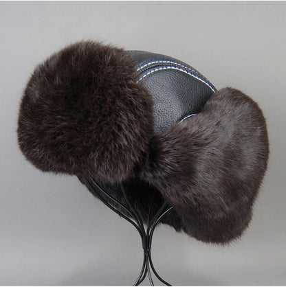 2026 Fashion Men's 100% Natural Rabbit Fur Bomber Hats Winter Russian Man Warm Real Sheepskin Leather Hat Male Real Fur Caps