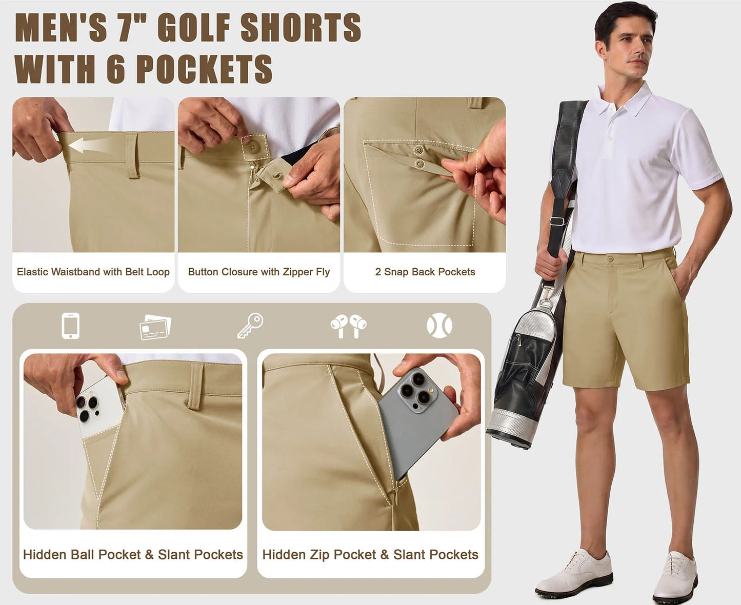Men’s 7” Golf Shorts Lightweight Stretch Quick Dry Wrinkle Resistant Hidden Zipper Ball Pocket Travel Shorts Versatile