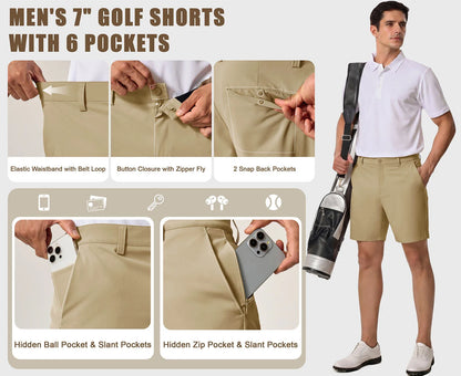 Men’s 7” Golf Shorts Lightweight Stretch Quick Dry Wrinkle Resistant Hidden Zipper Ball Pocket Travel Shorts Versatile