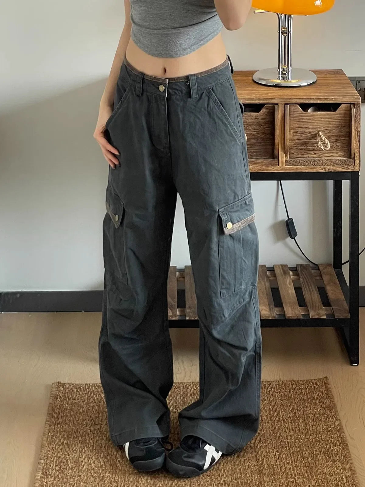 American Retro Workwear Denim Pants Women's High Waist Wide Leg Loose Straight Cut Trousers Spring Autumn New Sle Multi ket