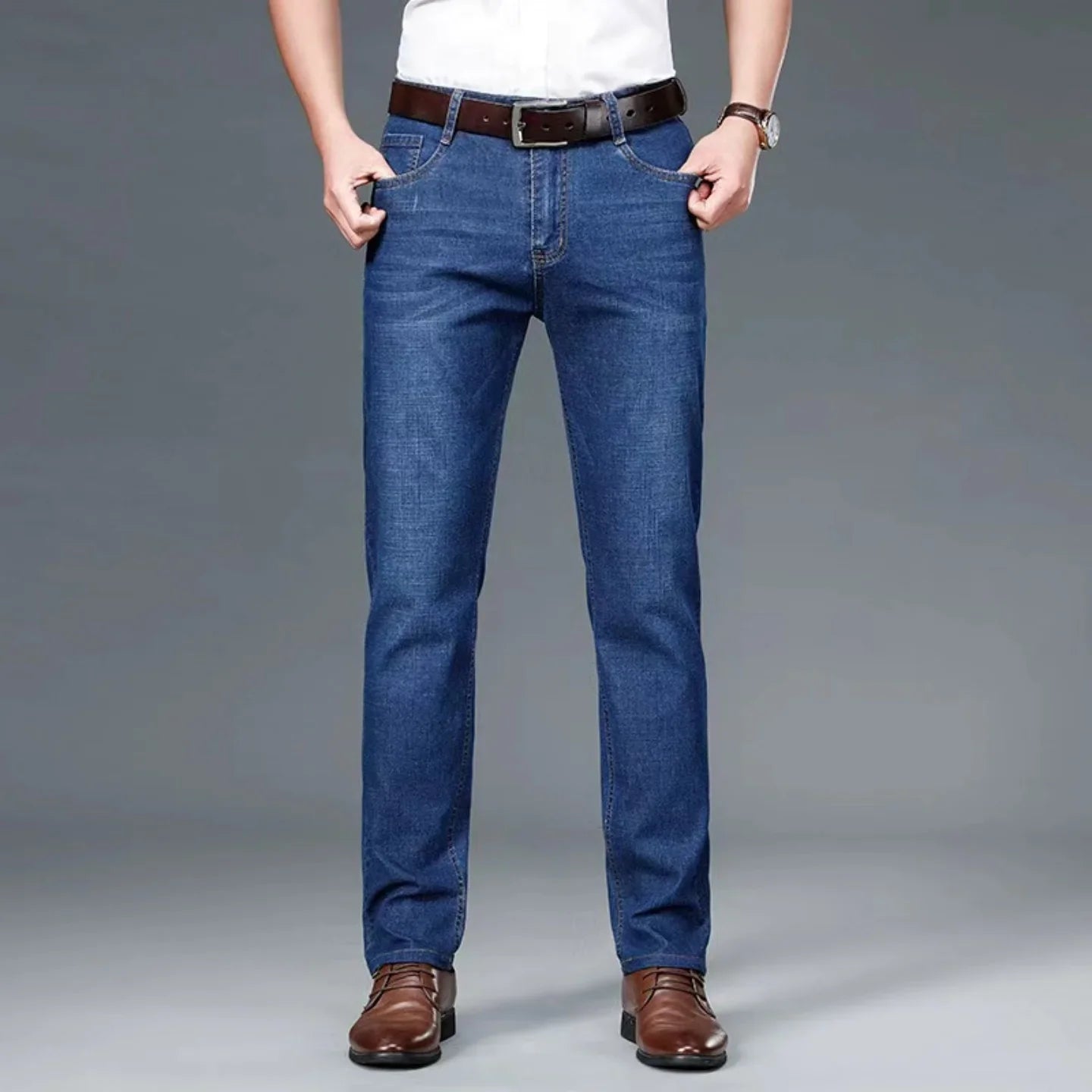 2026 new light luxury business comfortable men's jeans, high-end blue and black casual versatile pants straight leg men's pants