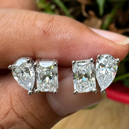 Double Mossanite Stud Earrings for Women Radiant/Pear Cut D Color VVS1 Lab Diamond Ear Studs with Certificate S925 Fine Jewelry