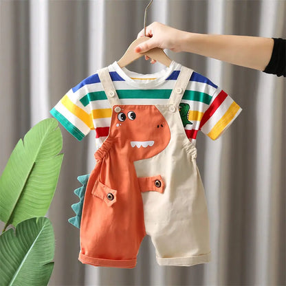 Summer Kids Boys Clothing Toddler Fashion Rainbow Clothes T Shirt Cartoon Dinosaur Bib Pants 2Pcs/Set Children Costume Suit