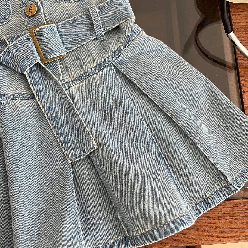 Summer New Girls Denim Dress Belt Decoration Lapel Collar Sleeveless Tutu Princess Dress For 2 -10 Years Kids Fashion Dress