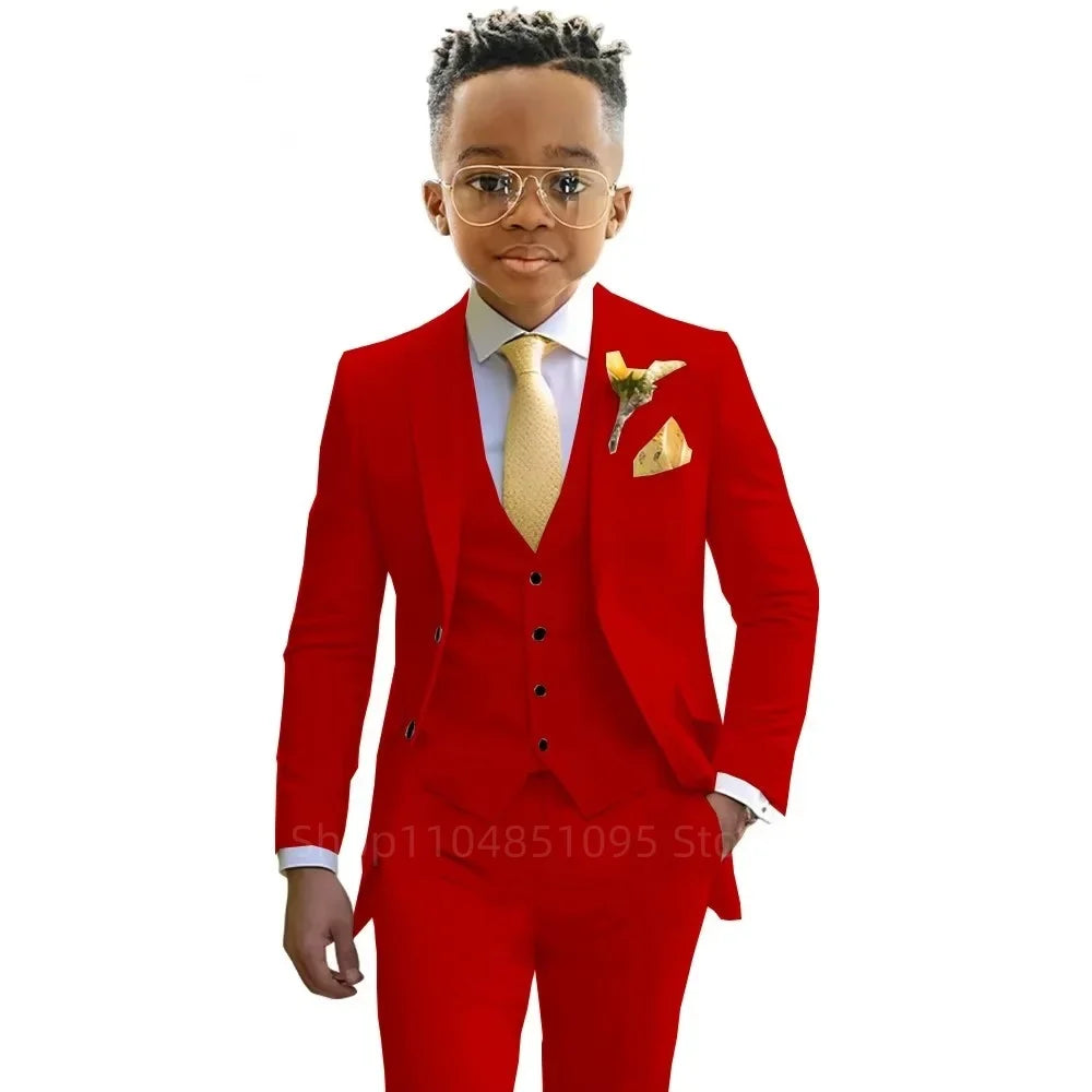 Stylish Boys Suit Wedding Tuxedo Solid Peak Lapel Jacket Vest Pants Party Prom 3 Piece Set Kids Formal Outfit 2-18 Years Old