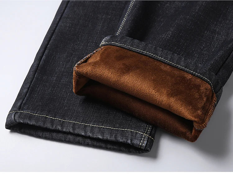 Men New Winter Classics Fleece Thick Warm Jeans Men's Loose Straight Elastic Denim Pants Casual Plush Trousers Large Size 28-40