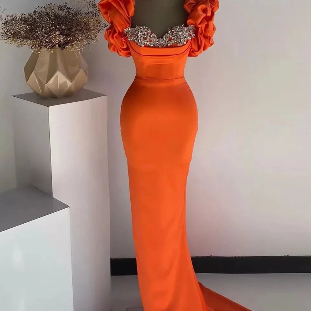 Customized Prom Dress Mermaid Puff Sleeves Women's Formal Party Dresses Long Sweetheart Luxury Crystal Satin Evening Gown Orange