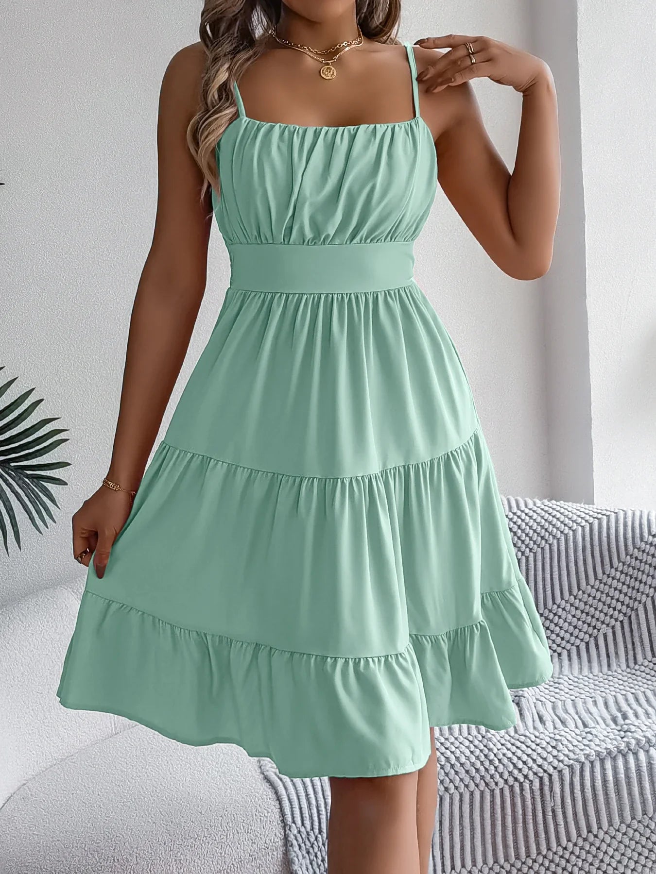 Casual Vacation Ruffled Camisole Dress Spring Summer Women's Solid Dresses for 2026 Valentine's Day Woman Clothing Pink Blue