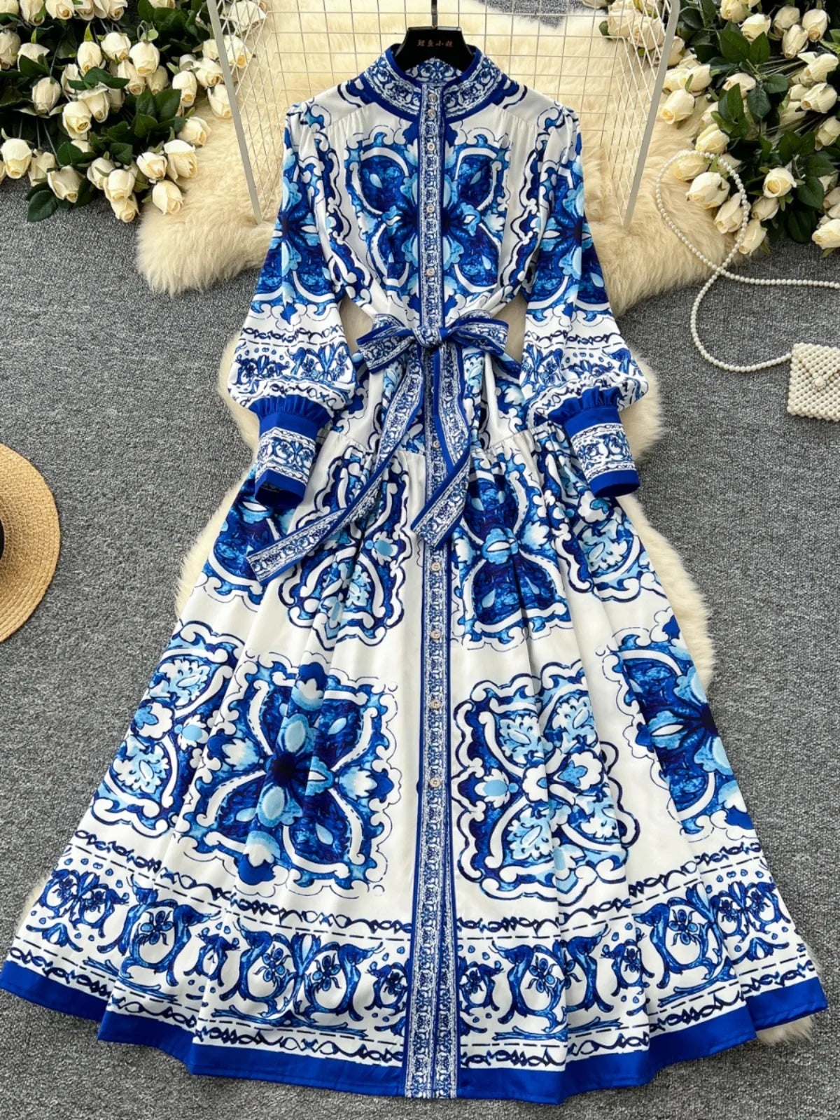 Retro Faion Print Stand Collar Single Button Women's Dr Waist Cinched Floor Length Skirt Korean Sle High Waist Long Sl...