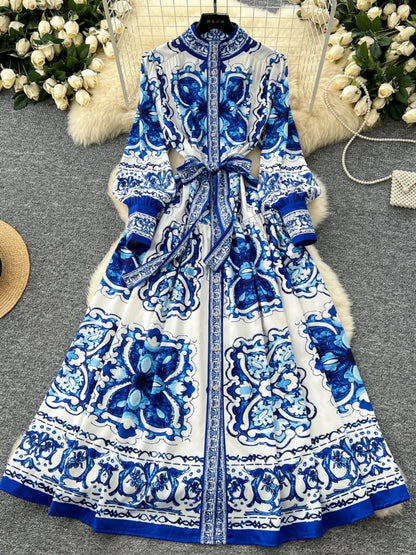 Retro Faion Print Stand Collar Single Button Women's Dr Waist Cinched Floor Length Skirt Korean Sle High Waist Long Sl...