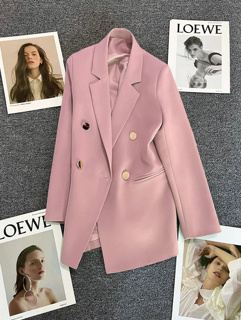 Casual Small Suit Jacket Women Fashion Loose Metal Double-Breasted Blazer Coat Korean Occupation Office Formal Lapel Blazers