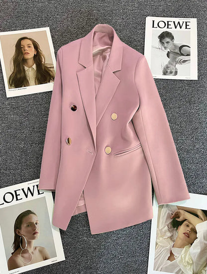 Casual Small Suit Jacket Women Fashion Loose Metal Double-Breasted Blazer Coat Korean Occupation Office Formal Lapel Blazers