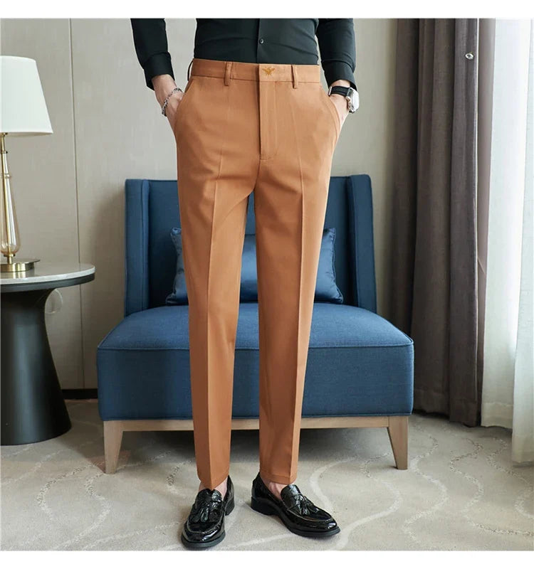 Autumn Mens Fashion Embroidered Trousers Korean Business Dress Solid Suit Pant Formal Office Social Slim Fit Casual Suit Pants