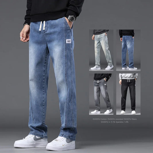 Autumn Winter Blue Jeans Men Drawstring Elastic Waist Cotton Cargo Denim Pants Work Fashion Thick Trousers Male Plus Size M-4XL