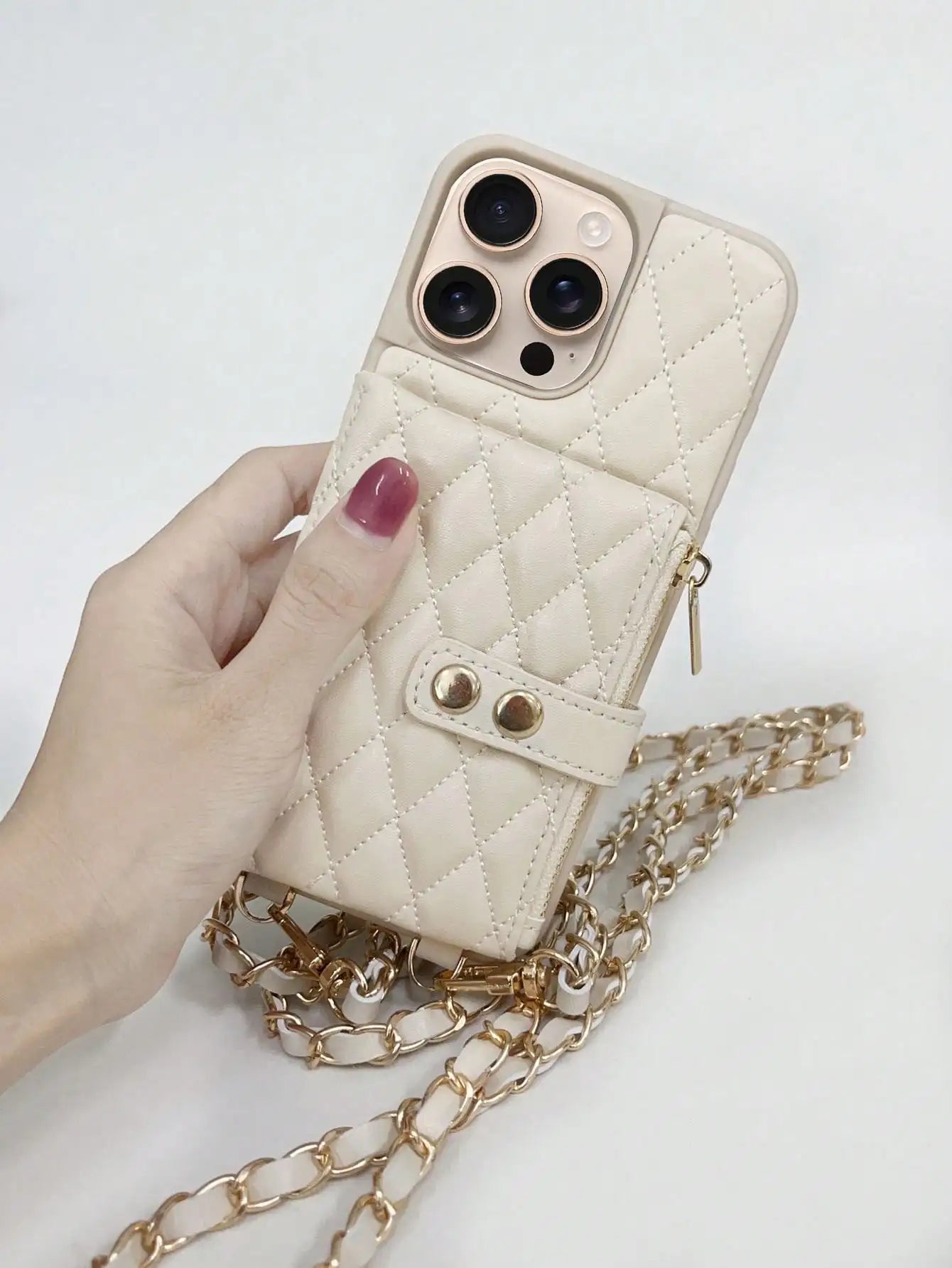 Lingge Double Button Fragrant Wind Phone Case, Change Card Bag, Quilted Leather Cover, Suitable for Apple 17/16/15/14/13/12/11