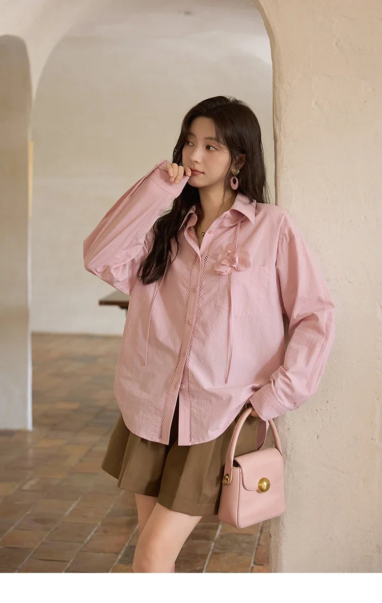 100% Cotton Shirt For Women Autumn 2025 New Fashion Petal Ribbon Button Long Sleeves Shirt Women's Clothing MXE41C2349