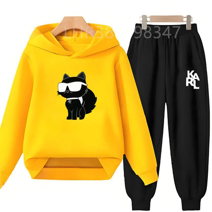 White Cat Black Cat Children's Hoodies Top+Bottom Suit Girls Pink Boy Black Age 3-12 Coat Casual Toddler Long Sleeves Clothing