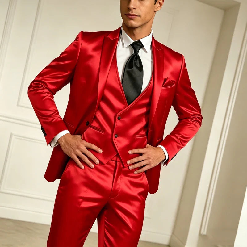 Luxury Men's Satin Suit 3 Piece Set Notch Lapel Slim Fit 1 Button Blazer Vest Pants for Formal Groom Groomsmen Prom Party