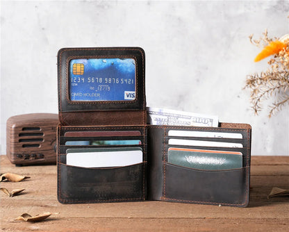 Men Handmade Crazy Horse Leather Wallet Men's Casual Simple Horizontal First Layer Cowhide Short Genuine Leather Clutch