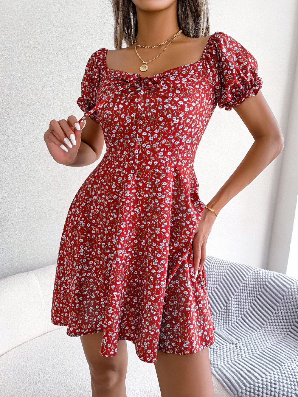 Women Casual Square Neck Flare Short Sleeve Floral Dress Elegant A Line Dress for Spring Summer 2026 Fashion Woman Clothing