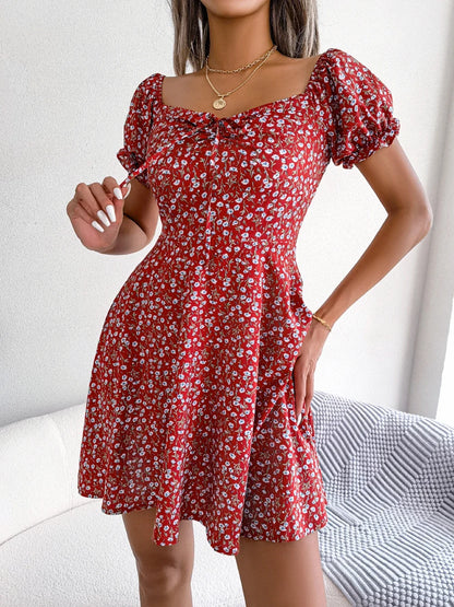 Women Casual Square Neck Flare Short Sleeve Floral Dress Elegant A Line Dress for Spring Summer 2026 Fashion Woman Clothing