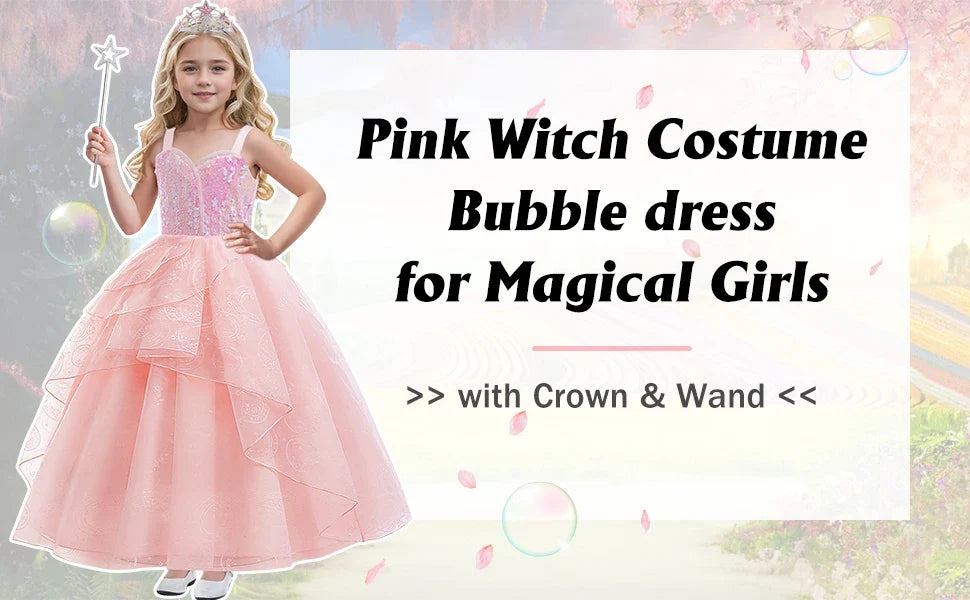 Movie Good Witch Costume Kids Pink Dress With Crown Magic Wand And Gloves For Girls Evil Halloween Birthday Party Prom Outfits