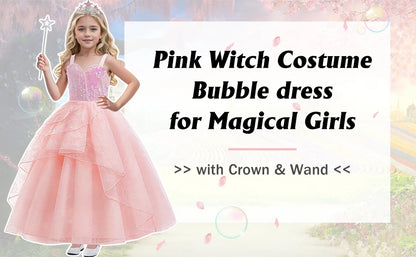 Movie Good Witch Costume Kids Pink Dress With Crown Magic Wand And Gloves For Girls Evil Halloween Birthday Party Prom Outfits
