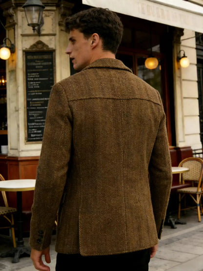 Men's Herringbone Wool Blend Blazer Jacket Notch Collar Utility Multi-Pocket Casual Overcoat For Spring Autumn