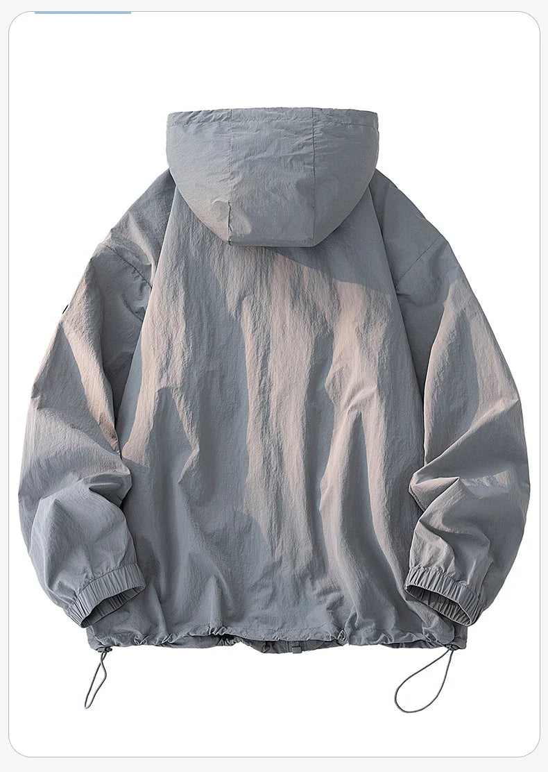 UPF50+ Men's Hooded Sunscreen Jacket Summer Ultra Thin Zipper Pocket Windbreaker Elastic Cuffs Outdoor Hiking Fishing Skin Coats