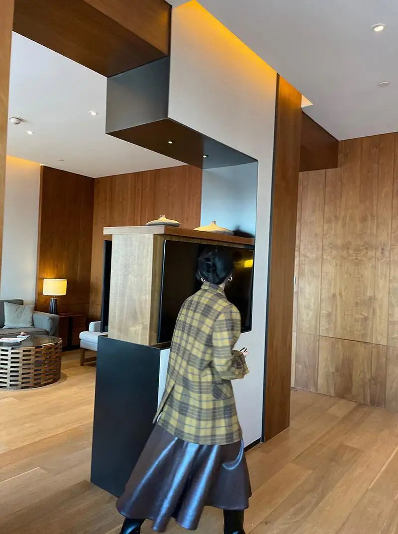 Women's Mid-Length Plaid Wool Coat 2025 Autumn Winter Arrival, Korean Style Warm Blazer, Trendy Yellow Brown Checkered Jacket