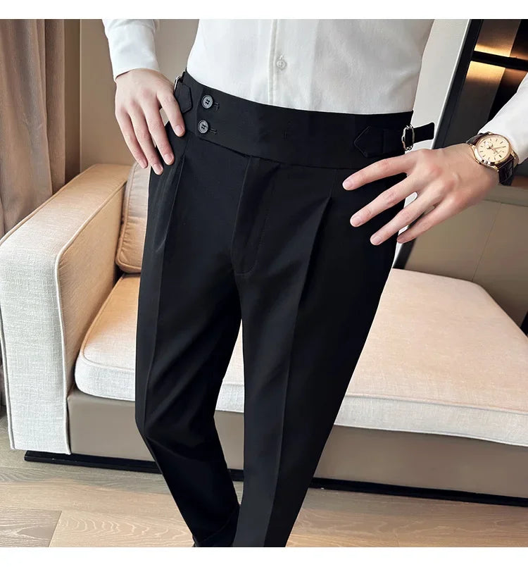 Autumn Winter High Waist Business Dress Pants Men Casual Belt Design Slim Suit Pants Formal Wedding Social Party Male Trousers