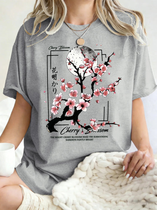 Japanese Cherry Blossom Design Women'S T-Shirt Loose Cotton T Shirts Crewneck Trendy Short Sleeve Y2K Summer Casual Streetwear